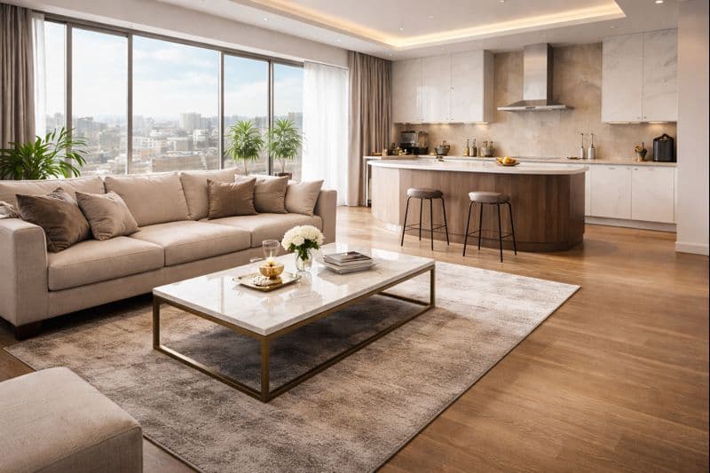 Même appartement entièrement nettoyé, salon et cuisine impeccables